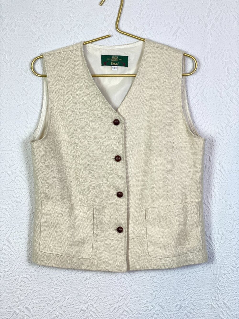 Vintage Orvis 100% Linen Ivory Button Front Vest Size 6 USA Made